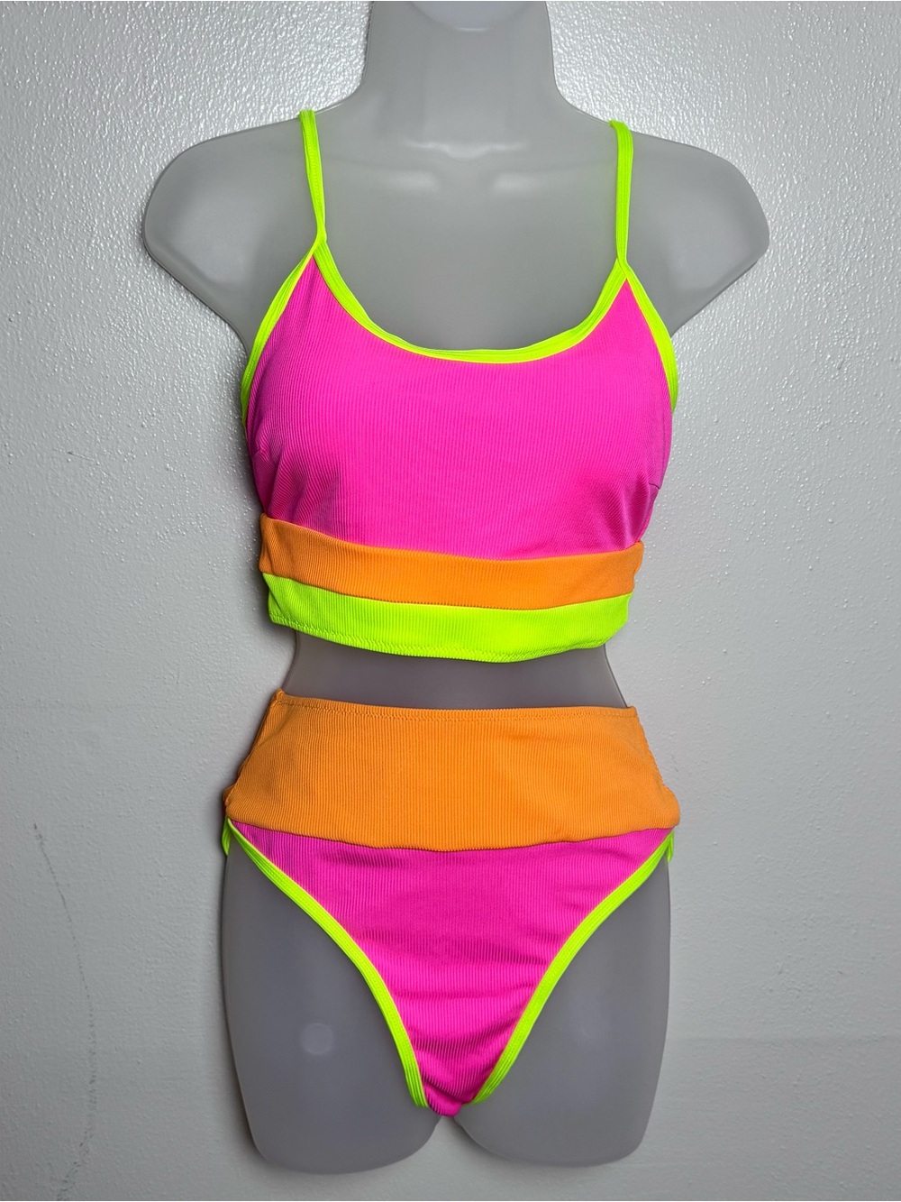 Neon Colorblock High-Waist Bikini Set - Pink/Neon Yellow/Orange